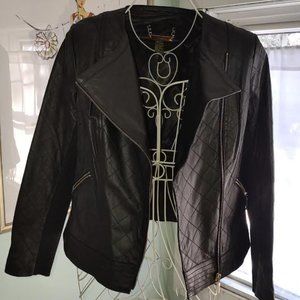 IMAN NWOT  Black Leather Biker jacket w/ removable faux fur collar M